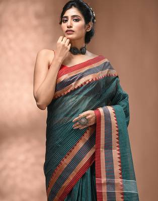 Teal bengal tant pure cotton saree with red border 4