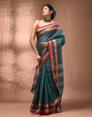 Teal bengal tant pure cotton saree with red border 5
