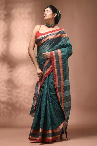 Teal bengal tant pure cotton saree with red border