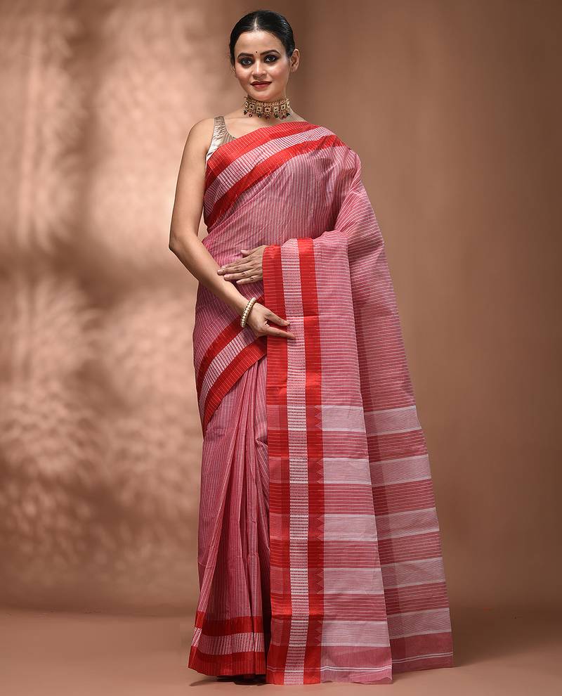 Red bengal tant pure cotton saree with red border