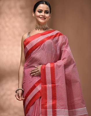 Red bengal tant pure cotton saree with red border 4
