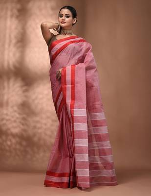 Red bengal tant pure cotton saree with red border 5