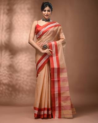 Beige bengal tant pure cotton saree with red border 1