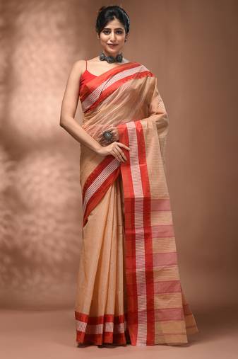 Beige bengal tant pure cotton saree with red border