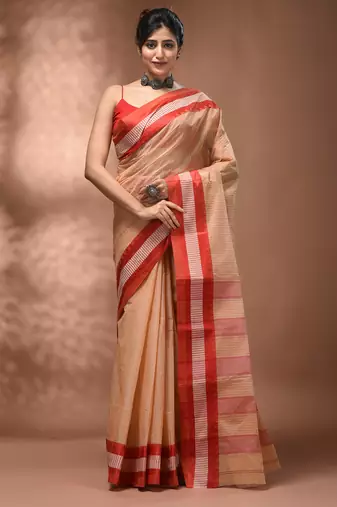 Beige bengal tant pure cotton saree with red border