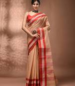 Beige bengal tant pure cotton saree with red border