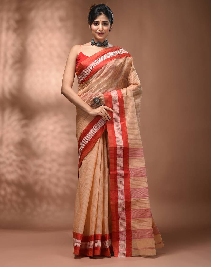 Beige bengal tant pure cotton saree with red border