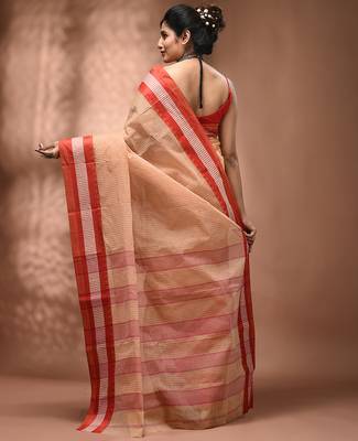 Beige bengal tant pure cotton saree with red border 2