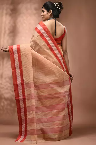 Beige bengal tant pure cotton saree with red border