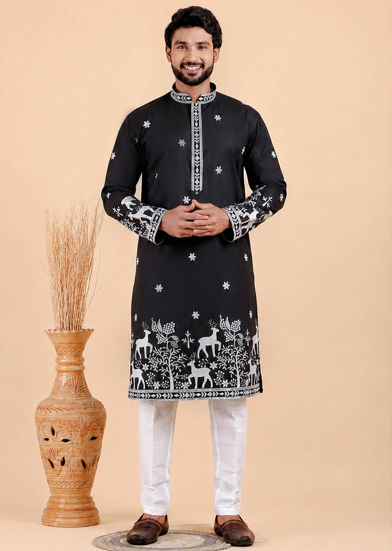 Men viscose silk embroidered designer kurta set
