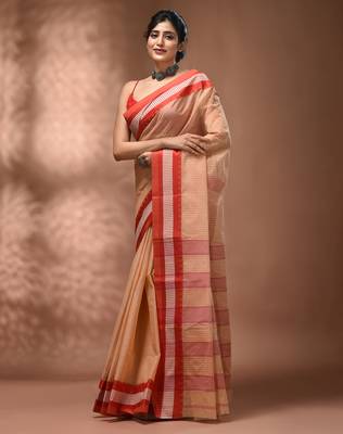 Beige bengal tant pure cotton saree with red border 3