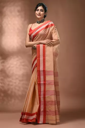 Beige bengal tant pure cotton saree with red border