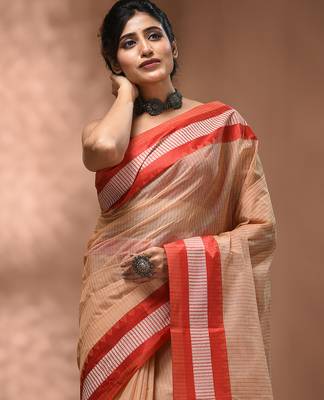 Beige bengal tant pure cotton saree with red border 4