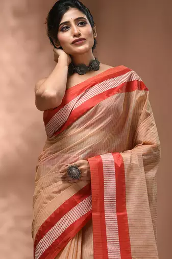 Beige bengal tant pure cotton saree with red border