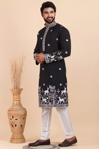 Men viscose silk embroidered designer kurta set