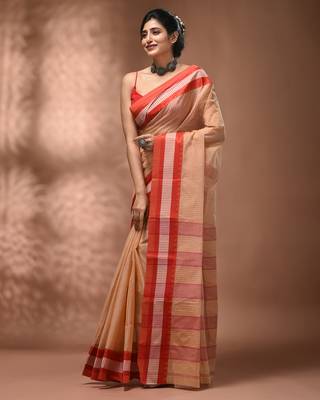 Beige bengal tant pure cotton saree with red border 5
