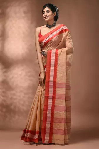 Beige bengal tant pure cotton saree with red border