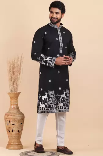 Men viscose silk embroidered designer kurta set