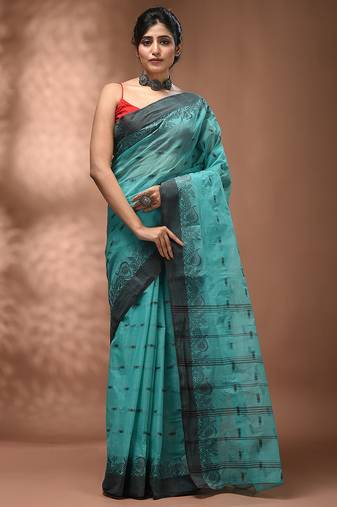Mint green tant pure cotton saree with charcoal woven border