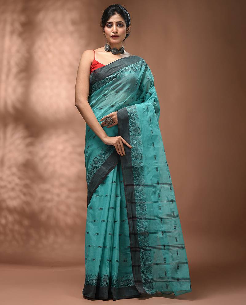 Mint green tant pure cotton saree with charcoal woven border