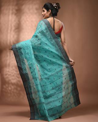 Mint green tant pure cotton saree with charcoal woven border 2