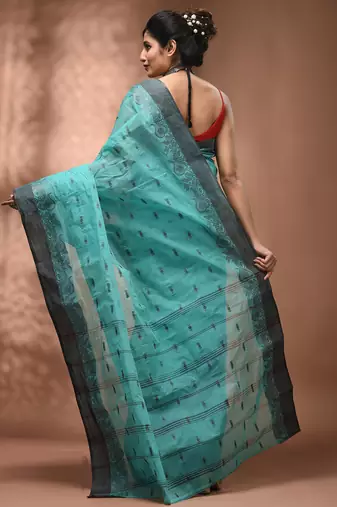 Mint green tant pure cotton saree with charcoal woven border