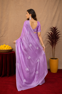 Lavender soft shimmer chiffon embroidery work saree with unstitched blouse piece 4