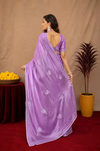 Lavender soft shimmer chiffon embroidery work saree with unstitched blouse piece