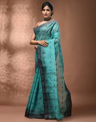 Mint green tant pure cotton saree with charcoal woven border 3