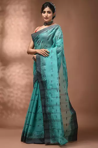 Mint green tant pure cotton saree with charcoal woven border