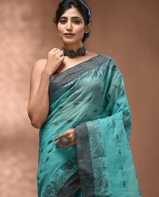 Mint green tant pure cotton saree with charcoal woven border 4