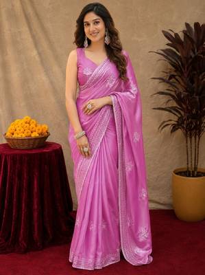 Baby pink soft shimmer chiffon embroidery work saree with unstitched blouse piece 1