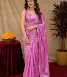 Baby pink soft shimmer chiffon embroidery work saree with unstitched blouse piece