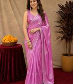 Baby pink soft shimmer chiffon embroidery work saree with unstitched blouse piece