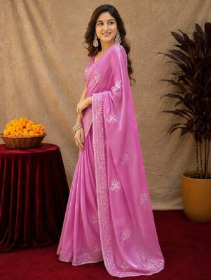 Baby pink soft shimmer chiffon embroidery work saree with unstitched blouse piece 2