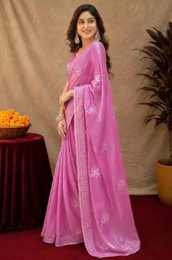 Baby pink soft shimmer chiffon embroidery work saree with unstitched blouse piece