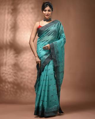 Mint green tant pure cotton saree with charcoal woven border 5