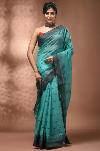 Mint green tant pure cotton saree with charcoal woven border