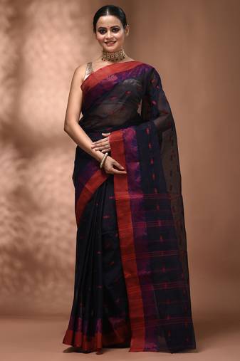 Midnight blue tant pure cotton saree with magenta woven border