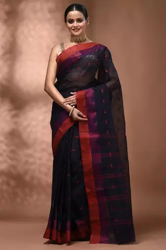 Midnight blue tant pure cotton saree with magenta woven border