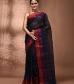 Midnight blue tant pure cotton saree with magenta woven border