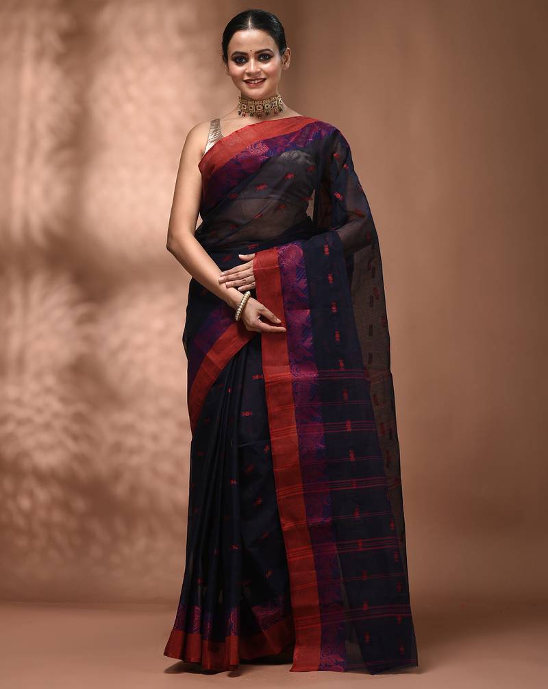 Midnight blue tant pure cotton saree with magenta woven border