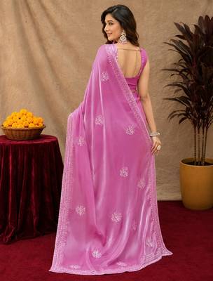 Baby pink soft shimmer chiffon embroidery work saree with unstitched blouse piece 3