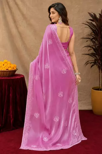 Baby pink soft shimmer chiffon embroidery work saree with unstitched blouse piece