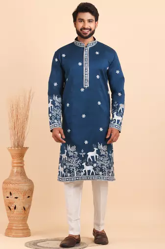 Men viscose silk embroidered designer kurta set