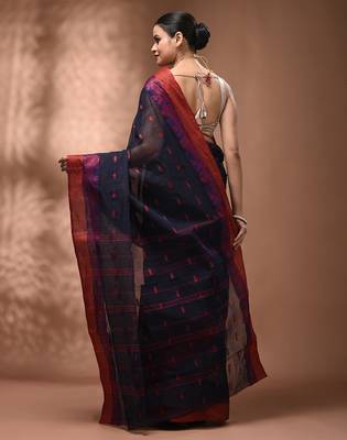 Midnight blue tant pure cotton saree with magenta woven border 2