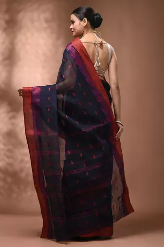 Midnight blue tant pure cotton saree with magenta woven border