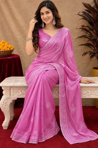 Baby pink soft shimmer chiffon embroidery work saree with unstitched blouse piece