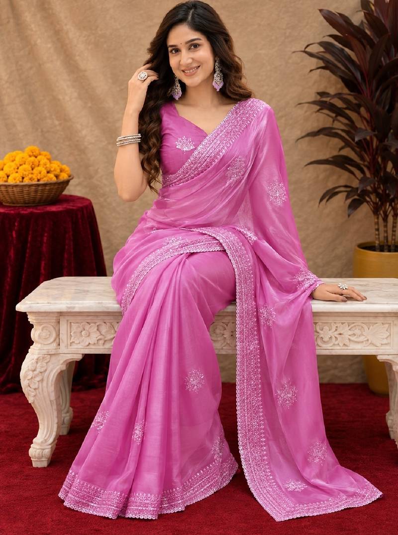 Baby pink soft shimmer chiffon embroidery work saree with unstitched blouse piece