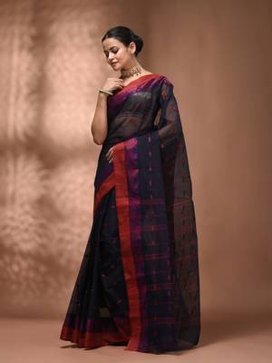 Midnight blue tant pure cotton saree with magenta woven border 3